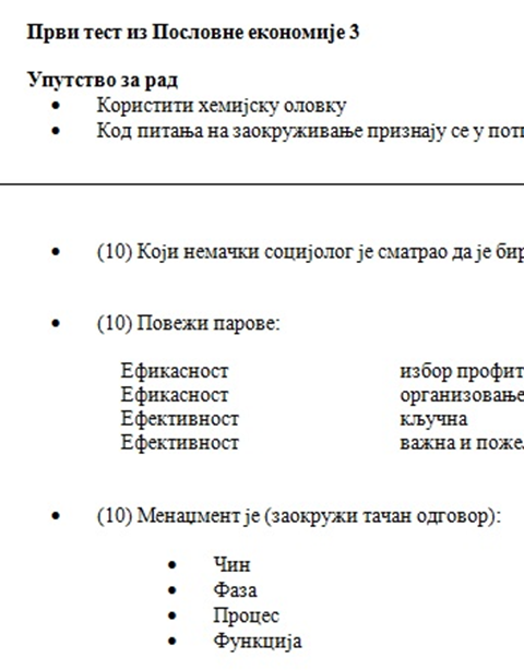 Test - Poslovna ekonomija za 3. razred