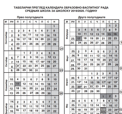 Kalendar rada srednjih škola za 2019/2020. godinu